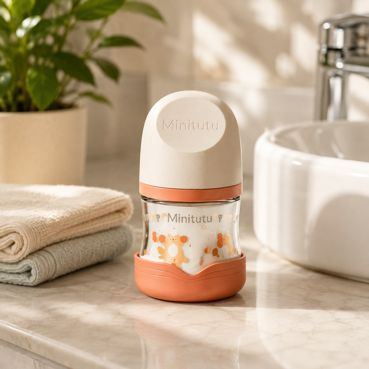 Minitutu Borosilicate Glass Baby Feeding Bottle | Anti-Break Glass Milk Bottle | Food Grade Silicone Nipple | 0+ Months